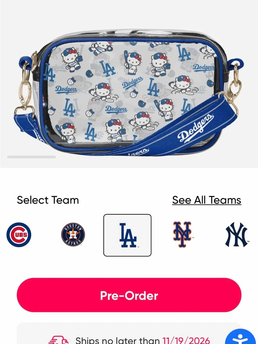 FOCO Dodgers/Hello Kitty Clear Crossbody Bag - Blue